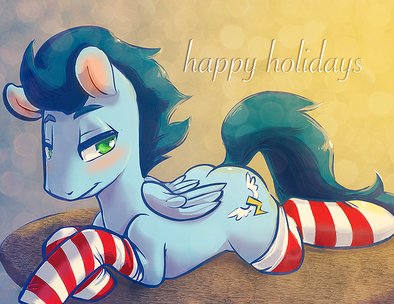 Size: 800x618 | Tagged: artist:lizombie, blushing, christmas, clothes, derpibooru import, holiday, male, soarin', socks, solo, solo male, striped socks, suggestive