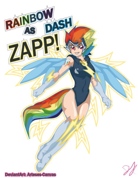 Size: 965x1241 | Tagged: artist:arteses-canvas, clothes, derpibooru import, don't dead open inside, human, humanized, leotard, light skin, power ponies, power ponies (episode), rainbow dash, safe, solo, tailed humanization, winged humanization, wings, zapp