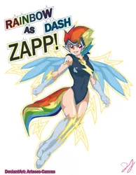Size: 965x1241 | Tagged: artist:arteses-canvas, clothes, derpibooru import, don't dead open inside, human, humanized, leotard, light skin, power ponies, power ponies (episode), rainbow dash, safe, solo, tailed humanization, winged humanization, wings, zapp