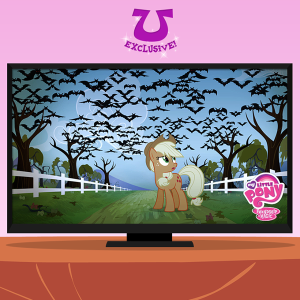 Size: 720x720 | Tagged: applejack, bat, bats!, cloud, cloudy, derpibooru import, fence, frown, grass, leaves, looking up, my little pony logo, official, path, road, safe, sky, solo, standing, tree, worried