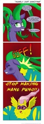 Size: 600x1663 | Tagged: artist:deusexequus, comic, derpibooru import, flutterhulk, fluttershy, mane-iac, power ponies, power ponies (episode), pun, saddle rager, safe, slap