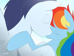 Size: 1024x768 | Tagged: safe, artist:swomswom, derpibooru import, edit, rainbow dash, soarin', female, kissing, male, recolor, shipping, soarindash, straight