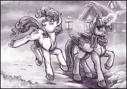 Size: 1680x1186 | Tagged: safe, artist:bantha, derpibooru import, pinkie pie, twilight sparkle, twilight sparkle (alicorn), alicorn, pony, female, grayscale, mare, monochrome, snow, snowfall, unshorn fetlocks