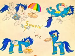 Size: 1280x960 | Tagged: artist:bravokrofski, clothes, derpibooru import, eating, flying, food, hoof hold, mouth hold, pie, safe, soarin', that pony sure does love pies, traditional art, uniform, wonderbolts uniform