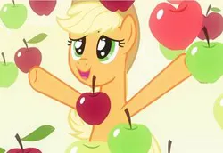 Size: 300x206 | Tagged: safe, derpibooru import, screencap, applejack, earth pony, pony, bats!, apple, apple eyes, apple rain, cropped, female, food, happy, mare, picture for breezies, smiling, solo, that pony sure does love apples, wingding eyes