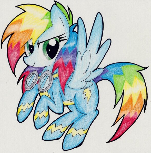 Size: 1024x1044 | Tagged: artist:rainbowflamecharge47, derpibooru import, oc, oc:rainbow splatter, offspring, parent:rainbow dash, parent:soarin', parents:soarindash, safe, solo, traditional art, unofficial characters only