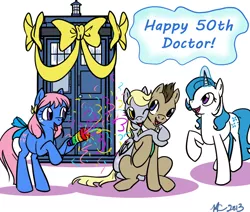 Size: 900x764 | Tagged: safe, artist:sumireshee, derpibooru import, bowtie (g1), derpy hooves, doctor whooves, majesty, time turner, pegasus, pony, bow, doctor who, female, g1, g1 to g4, generation leap, magic, mare, tardis