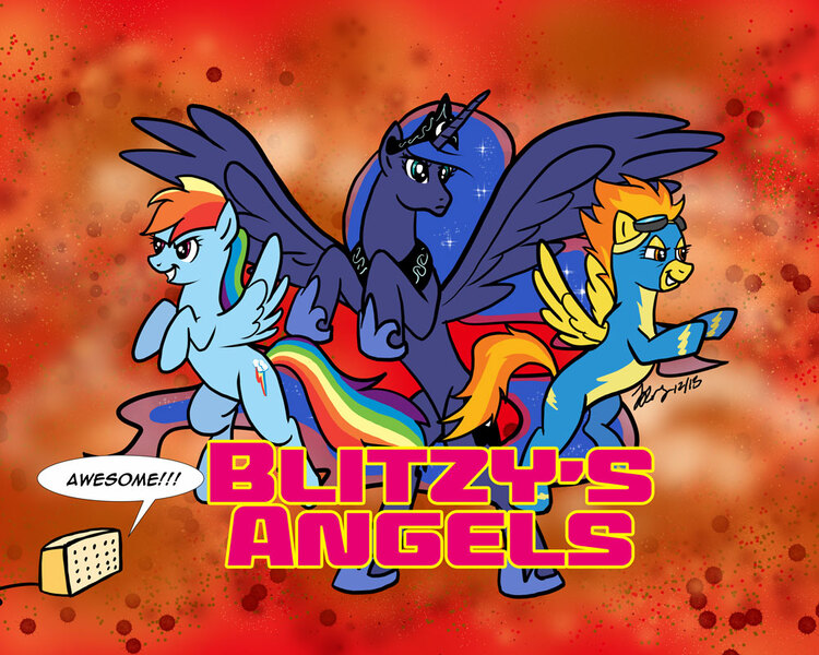 Size: 1000x800 | Tagged: artist:the_gneech, charlie's angels, commission, derpibooru import, princess luna, rainbow dash, safe, spitfire