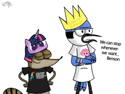 Size: 1024x768 | Tagged: 20% cooler, andrew w.k., artist:supermaster10, brony, clothes, crossover, crown, derpibooru import, dialogue, hat, jewelry, mordecai, mordecai and rigby, party hard, pinkie pie, rainbow dash, regalia, regular show, rigby, safe, shirt, t-shirt, twilight sparkle