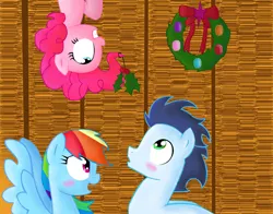 Size: 1170x918 | Tagged: safe, artist:andromedasparkz, derpibooru import, pinkie pie, rainbow dash, soarin', blushing, female, holly, holly mistaken for mistletoe, male, shipper on deck, shipping, soarindash, straight, wreath