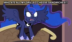 Size: 868x502 | Tagged: angry, angry luna, caption, cheese, cropped, derpibooru import, edit, edited screencap, faic, food, glorious grilled cheese, grilled cheese, image macro, princess luna, princess twilight sparkle (episode), safe, screencap, solo, text