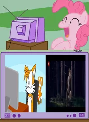 Size: 439x600 | Tagged: artist:animatedjames, crossover, derpibooru import, exploitable meme, fox, meme, miles "tails" prower, obligatory pony, pinkie pie, reaction, safe, sonic the hedgehog (series), tails doll, the fox, tv meme, what does the fox say?, wrong aspect ratio, ylvis, youtube link