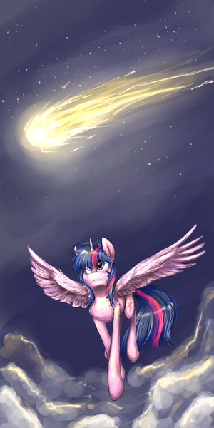 Size: 1500x3000 | Tagged: safe, artist:iceminth, derpibooru import, twilight sparkle, twilight sparkle (alicorn), alicorn, pony, comet, female, flying, mare, night, solo