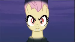 Size: 1366x768 | Tagged: safe, derpibooru import, screencap, fluttershy, bat pony, pony, vampire, vampire fruit bat pony, bats!, bat ponified, eye, eyes, fangs, flutterbat, frown, looking at you, race swap, solo