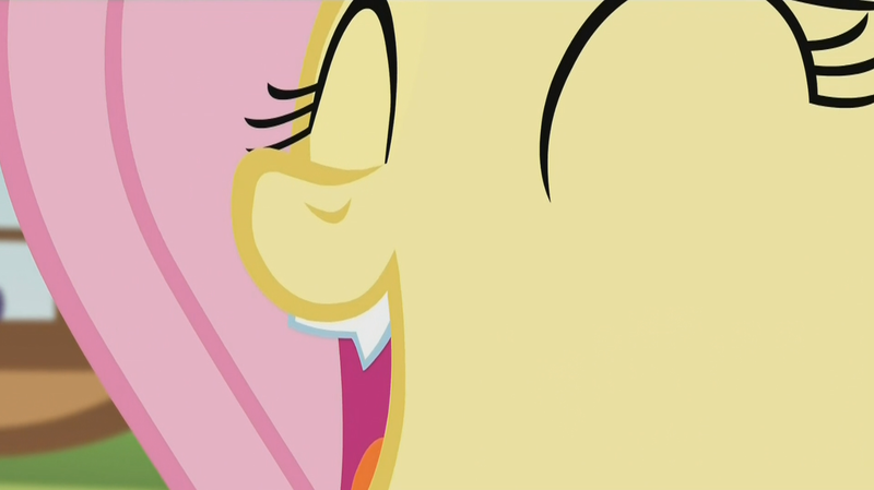 Size: 1685x945 | Tagged: safe, derpibooru import, screencap, fluttershy, bat pony, pony, bats!, bat ponified, cliffhanger, fangs, flutterbat, happy, monofang, mouth, race swap, solo, teeth, tooth, wolf teeth