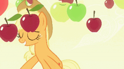 Size: 416x232 | Tagged: safe, derpibooru import, screencap, applejack, pony, bats!, animated, apple, apple eyes, apple rain, bipedal, cute, falling, food, happy, silly, silly pony, solo, that pony sure does love apples, wingding eyes