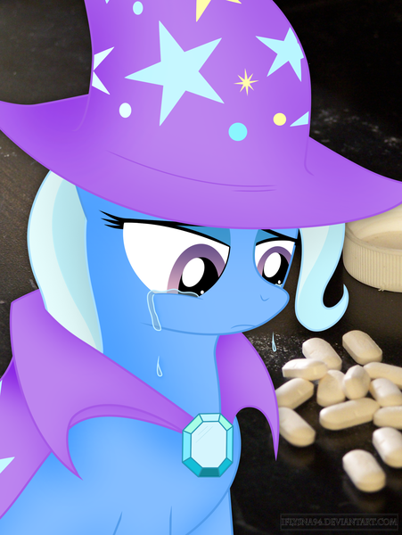 Size: 1914x2545 | Tagged: safe, artist:iflysna94, derpibooru import, trixie, pony, unicorn, cape, clothes, crying, drugs, female, hat, mare, medicine, pills, sad, solo, trixie's cape, trixie's hat