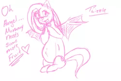 Size: 3000x2000 | Tagged: safe, artist:twizzle, derpibooru import, fluttershy, bat pony, pony, bats!, apple, bat ponified, belly button, dialogue, flutterbat, food, heart, monochrome, pregnant, race swap, sketch, solo