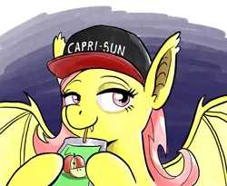 Size: 1000x820 | Tagged: safe, artist:muffinshire, derpibooru import, fluttershy, bat pony, pony, bats!, baseball cap, bat ponified, cap, capri-sun, drink, fangs, female, flutterbat, hat, juice, juice box, juice pouch, mare, pouch, race swap, solo, straw, top gun hat