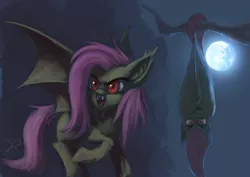 Size: 1024x724 | Tagged: safe, artist:raikoh, derpibooru import, fluttershy, bat pony, pony, bats!, bat ponified, fangs, flutterbat, hanging, moon, night, race swap, solo, tree branch, upside down