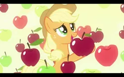 Size: 1680x1050 | Tagged: apple, applejack, apple rain, bats!, derpibooru import, eye, eyes, falling, food, safe, screencap, solo, that pony sure does love apples