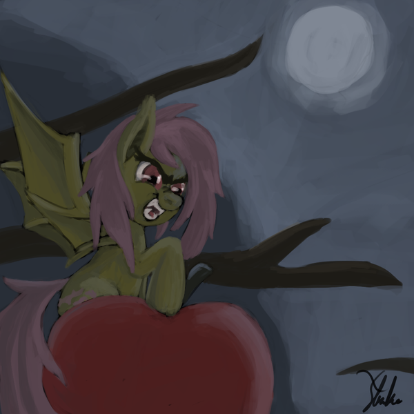 Size: 1000x1000 | Tagged: safe, artist:xenstroke, derpibooru import, fluttershy, bat pony, pony, bats!, apple, bat ponified, fangs, flutterbat, food, moon, night, race swap, solo