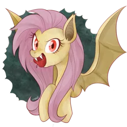 Size: 753x755 | Tagged: safe, artist:mn27, derpibooru import, fluttershy, bat pony, pony, bats!, apple, bat ponified, fangs, flutterbat, food, race swap, solo