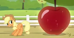 Size: 758x395 | Tagged: safe, derpibooru import, screencap, applejack, earth pony, pony, bats!, apple, female, food, giant apple, giant produce, mare, out of context, smiling, solo