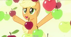 Size: 1152x609 | Tagged: apple, applejack, apple rain, bats!, caption, derpibooru import, dubstep, edit, edited screencap, food, meme, safe, screencap, solo, that pony sure does love apples, youtube caption