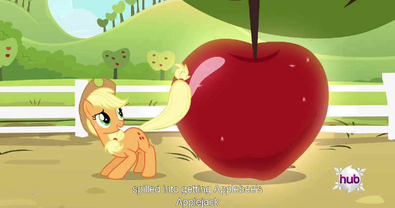 Size: 1152x608 | Tagged: apple, applejack, bats!, caption, derpibooru import, edit, edited screencap, food, giant apple, meme, safe, screencap, solo, youtube caption