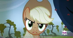 Size: 1151x609 | Tagged: applejack, bats!, caption, derpibooru import, edit, edited screencap, meme, safe, screencap, solo, youtube caption