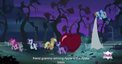 Size: 1152x607 | Tagged: safe, derpibooru import, edit, edited screencap, screencap, applejack, pinkie pie, rainbow dash, rarity, spike, twilight sparkle, twilight sparkle (alicorn), alicorn, pony, bats!, caption, female, mare, meme, youtube caption