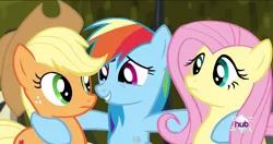 Size: 1152x609 | Tagged: safe, derpibooru import, edit, edited screencap, screencap, applejack, fluttershy, rainbow dash, bats!, caption, meme, youtube caption