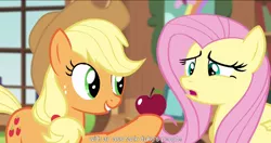 Size: 1152x609 | Tagged: applejack, bats!, caption, derpibooru import, edit, edited screencap, fluttershy, meme, safe, screencap, youtube caption