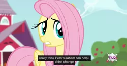 Size: 1600x830 | Tagged: safe, derpibooru import, edit, edited screencap, screencap, fluttershy, bats!, caption, meme, peter graham, solo, youtube caption