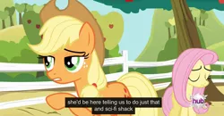 Size: 1600x830 | Tagged: safe, derpibooru import, edit, edited screencap, screencap, applejack, fluttershy, bats!, caption, meme, youtube caption