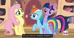 Size: 1600x830 | Tagged: alicorn, bats!, caption, derpibooru import, edit, edited screencap, fluttershy, golden oaks library, meme, rainbow dash, safe, screencap, twilight sparkle, twilight sparkle (alicorn), youtube caption