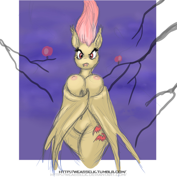 Size: 812x812 | Tagged: questionable, artist:weasselk, derpibooru import, fluttershy, anthro, bat pony, bats!, apple, bat ponified, breasts, busty fluttershy, cutie mark, female, flutterbat, food, hanging, night, nipples, nudity, race swap, solo, solo female, that was fast, tree branch, upside down