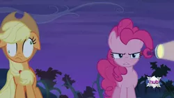 Size: 1280x720 | Tagged: safe, derpibooru import, screencap, applejack, pinkie pie, pony, bats!, angry, derp, flashlight (object), prehensile mane, serious, serious face, silly, silly pony