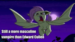 Size: 800x450 | Tagged: safe, derpibooru import, edit, edited screencap, screencap, fluttershy, bat pony, pony, bats!, bat ponified, caption, edward cullen, flutterbat, image macro, meme, race swap, roflbot, solo, take that, text, truth, twilight (series), wat