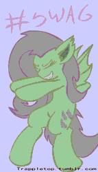 Size: 400x700 | Tagged: safe, artist:trappletop, derpibooru import, fluttershy, bat pony, pony, bats!, animated, bat ponified, bipedal, eyes closed, flutterbat, funny, grin, hashtag, pelvic thrust, race swap, smiling, solo, swag