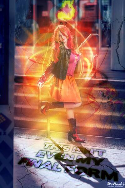 Size: 640x960 | Tagged: safe, artist:kaoss walker, artist:lochlan o'neil, derpibooru import, edit, sunset shimmer, human, equestria girls, boots, clothes, cosplay, costume, high heel boots, high heels, irl, irl human, jacket, leather jacket, photo, photo edit, shoes, skirt, sunset satan