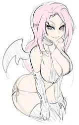 Size: 2120x3327 | Tagged: suggestive, artist:maniacpaint, derpibooru import, fluttershy, bat pony, human, vampire, bats!, bat ponified, breasts, busty fluttershy, cleavage, clothes, curvy, evening gloves, female, flutterbat, gloves, humanized, light skin, long gloves, race swap, solo, solo female, stockings, thigh highs, winged humanization, wings