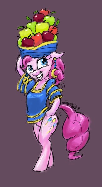 Size: 768x1408 | Tagged: safe, artist:snapai, derpibooru import, pinkie pie, pony, bats!, apple, bipedal, chiquita banana, clothes, costume, dress, ear piercing, earring, food, fruit hat, hat, jewelry, piercing, solo