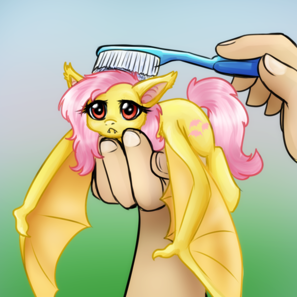 Size: 750x750 | Tagged: safe, artist:jitterbugjive, derpibooru import, fluttershy, ponified, bat pony, human, pony, bats!, :<, bat ponified, brushie, brushie brushie, cute, fangs, female, flutterbat, gradient background, hand, holding a pony, mare, micro, ponified animal photo, race swap, shyabates, shyabetes, solo focus, spread wings, toothbrush, unamused, wings