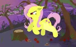 Size: 1600x1000 | Tagged: safe, artist:fearingfun, derpibooru import, fluttershy, bat pony, pony, bats!, apple, bat ponified, flutterbat, flying, food, race swap, solo, tree