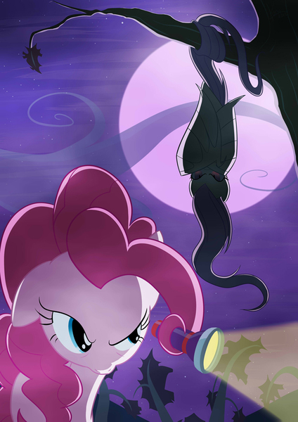 Size: 650x919 | Tagged: safe, artist:valinhya, derpibooru import, fluttershy, pinkie pie, bat pony, pony, bats!, bat ponified, behind you, flashlight (object), flutterbat, hanging, moon, prehensile mane, race swap, tree, upside down