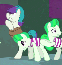 Size: 300x312 | Tagged: safe, derpibooru import, screencap, neon brush, quick trim, earth pony, pony, power ponies (episode), animated, barbershop squad, butt touch, henchmen, hoof on butt, out of context, pushing, rump push, scared