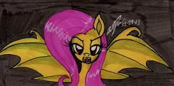 Size: 1169x578 | Tagged: safe, artist:newyorkx3, derpibooru import, fluttershy, bat pony, pony, bats!, bat ponified, flutterbat, race swap, solo, traditional art