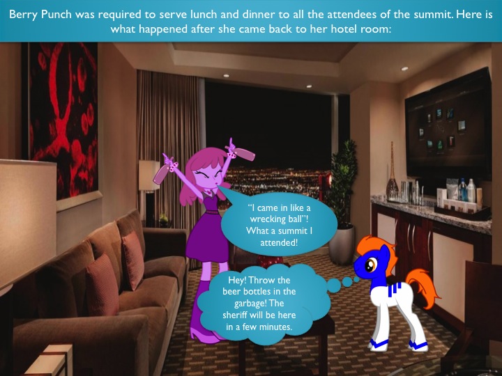 Size: 720x540 | Tagged: safe, artist:j4lambert, derpibooru import, berry punch, berryshine, oc, pony, alcohol, beer, bottle, casino, condominium, drunk, go home you're drunk, hotel, irl, miley cyrus, photo, ponies in real life, room, singing, suite, towers, veer, wrecking ball